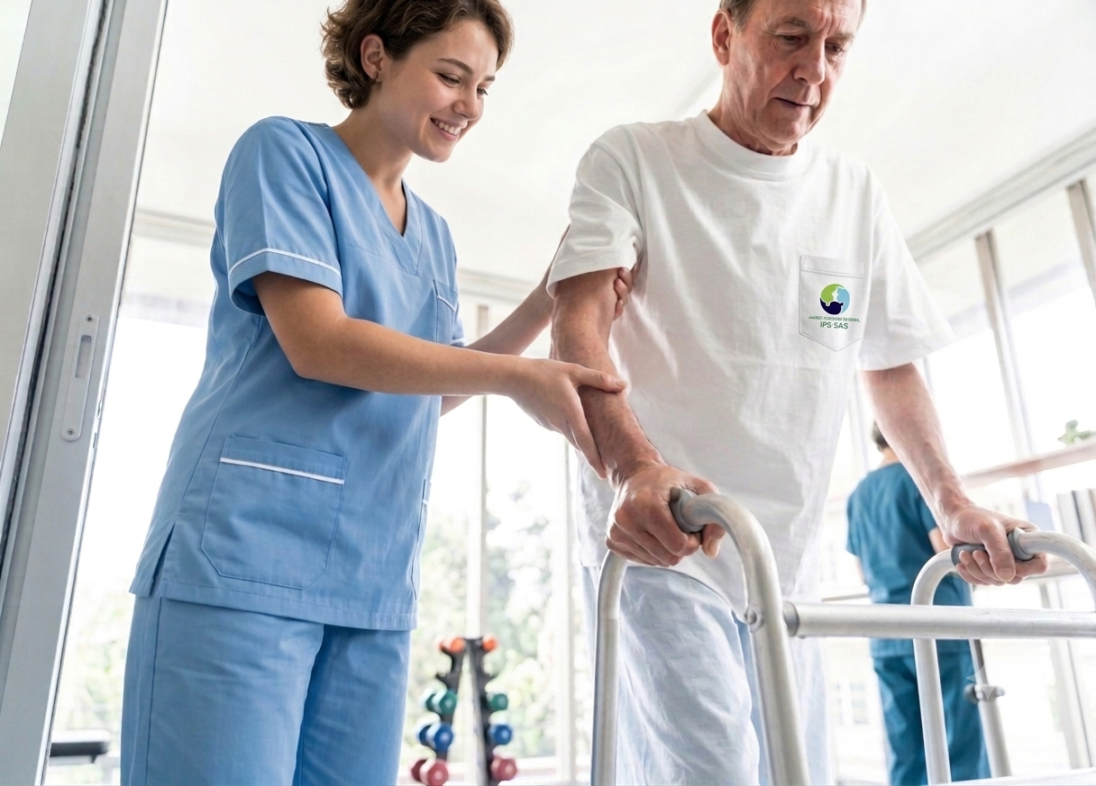 Sesión de fisioterapia y rehabilitación física realizada en el hogar del paciente.